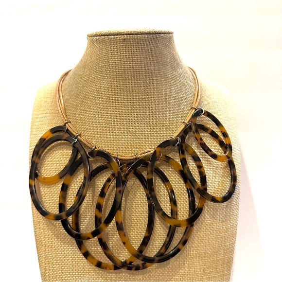 Natasha Necklace brown multistrand cord w/ large faux tortoise oval rings - Picture 2 of 9